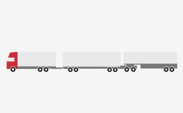 Lastbil + fulltrailerlink med ledad dragstång + semitrailer